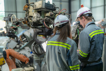 Factory engineer woman inspecting on machine with smart tablet. Worker works at machine robot arm. The welding machine with a remote system in an industrial factory. Artificial intelligence concept.