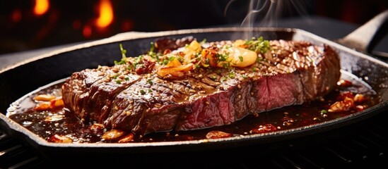 Wall Mural - Beef steak sizzling in a pan on the stove, a savory red meat ingredient being cooked for a delicious dish in the cuisine of your choice