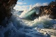 A powerful wave crashes onto the rocky shore under the cloudy sky