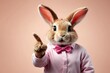 Cute funny rabbit in pink shirt and bow tie pointing finger, copy space background