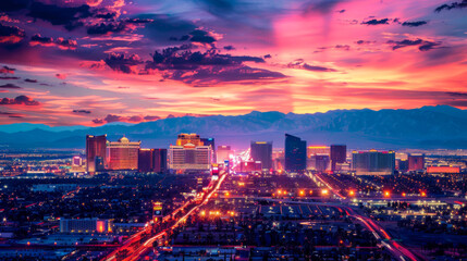 A cityscape with a large tower in the background. The sky is a mix of colors, including red and blue. The city is lit up with neon lights, creating a vibrant and lively atmosphere