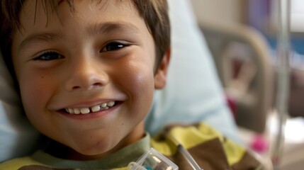 Wall Mural - A closeup image of a young boy smiling brightly as he receives an intravenous medication through a port in his chest a common medical procedure for children with chronic disorders