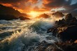 The ocean waves crash against the rocks under the colorful sunset sky