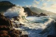 Water wave crashing on rocky shore, a natural landscape art