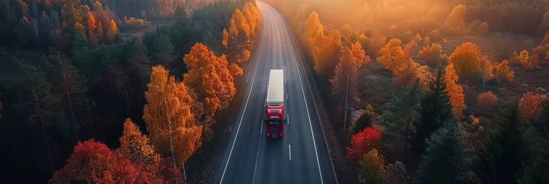 Aerial view of car and truck on highway road, drone perspective with space for text
