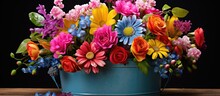 A Beautiful Bouquet Of Colorful Flowers, Including Roses, In A Blue Bucket Displayed On A Table, Perfect For Decorating Any Event Or Space With A Touch Of Nature