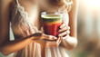 Feminine hands gently holding a glass filled with a colorful, thick smoothie. Healthy food concept. Ai generative.