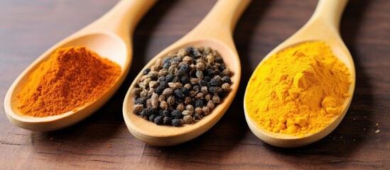 Poster - Three wooden spoons holding various spices are displayed on a rustic wooden table, showcasing the natural ingredients used in culinary recipes and dishes