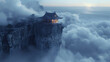 Traditional Asian house in the edge of rock mountains with sea of clouds in the foggy morning