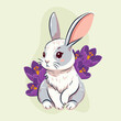 Uroczy zajączek i krokusy. Bukiet fioletowych wiosennych kwiatów i słodki zwierzak na jasnym tle. Wiosenna ilustracja wektorowa.