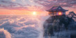 Traditional Chinese house in the edge of rock mountains with sea of clouds at sunset