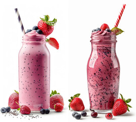 Wall Mural - two bottles of strawberry smoothie with a straw isolated on white background 