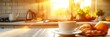 White cup of coffee on table in modern kitchen with morning light, summer breakfast scene