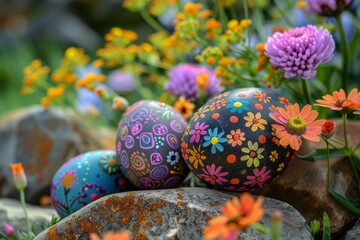 Wall Mural - Nature's Easter Palette: Artistic Rocks Painted as Eggs Amongst Springtime Florals