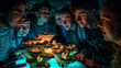 A group of students gathers around a glowing mushroom in a dark classroom. The teacher explains the science behind bioluminescence as they observe the natural artwork in awe