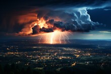 A thunderstorm envelops the city under the night sky