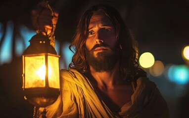 Wall Mural - Jesus holding a lantern is shining brightly. Jesus is the light.