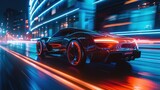 Fototapeta  - Modern futuristic car in movement. Cars lights on the road at night time, Generative AI.