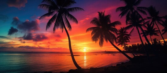 Poster - A stunning afterglow paints the sky as the sun sets over the horizon, casting a warm glow on the water, palm trees standing tall in the foreground