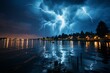 Thunderstorm illuminates the dark sky over the water with lightning and thunder