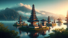 A Group Of Pagodas In The Middle Of A Lake