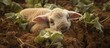 A baby sheep is resting on the grassy soil in a natural landscape. It is a terrestrial animal belonging to the livestock category