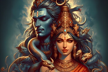 a woman with a head of a demon and a man with a snake, lord shiva