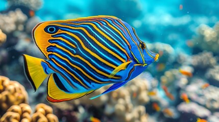 Wall Mural - Colorful fish gracefully swim among a variety of vibrant corals in a thriving saltwater aquarium.