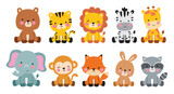 Fototapeta Dinusie - Cute wild animals cartoon sitting vector illustration. Baby shower woodland animals set including a bear, tiger, lion, zebra, giraffe, elephant, monkey, fox, rabbit, and raccoon.