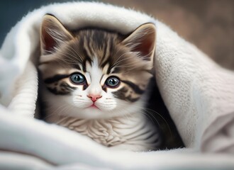 Sticker - A cute kitten wrapped in a white blanket