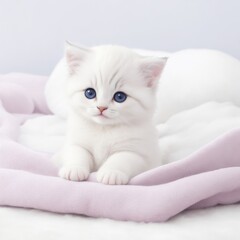 Wall Mural - kitten cat sitting on a fluffy white blanket