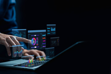 Poster - analyst manages the system database, and analysis data plans, and reports. shows a dashboard chart on the computer. research on platform digital technology. analytics business concept