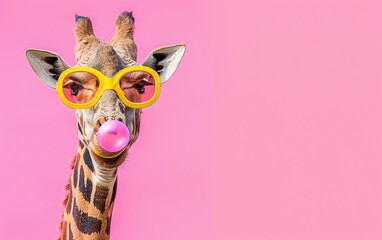 Wall Mural - Giraffe blowing bubble gum wearing sunglasses portrait on bright pastel background. presentation. advertisement. invitation. copy text space.