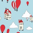 Balloons carrying whimsical houses and castles