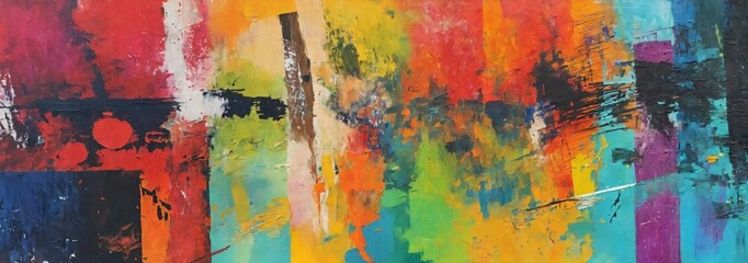 Wall Mural - Abstract multicolor grunge painting with geometric shapes and brush strokes. Contemporary painting. Impressionism style. Oil on canvas. Modern poster for wall decoration