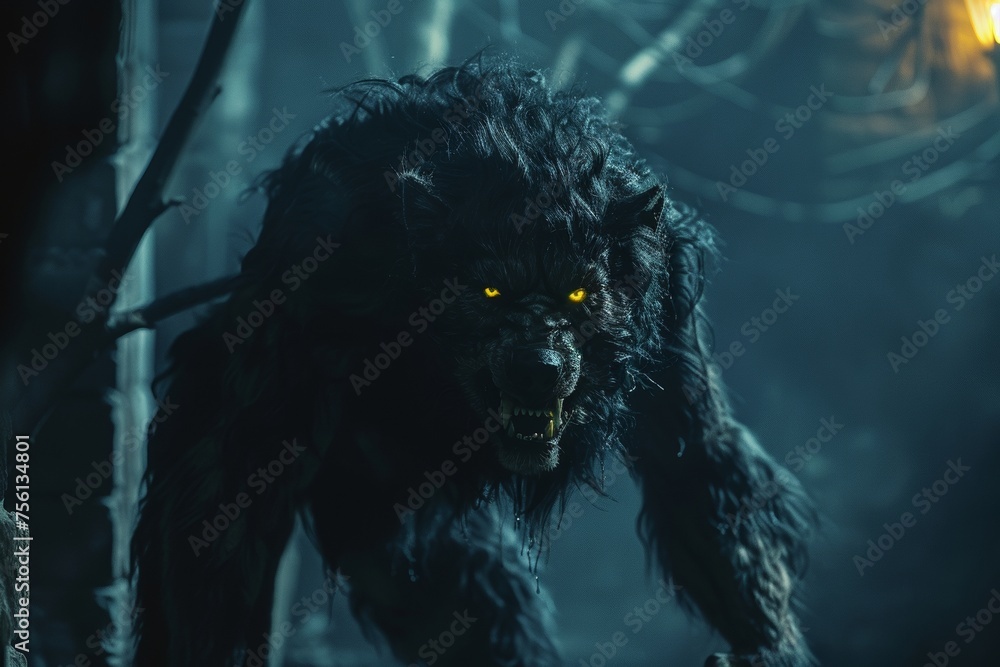 Tall sinewy werewolf with long limbs monstrous face and dark fur yellow ...