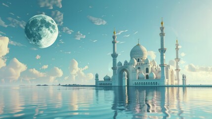 Wall Mural - majestic mosque silhouetted against the moon: ramadan kareem illustration with reflective waters - 3