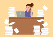© Orapun - Woman overwork in office, deadline vector illustration. Female employee sitting at computer desk with stack of documents in mess and deadline tasks holding hand on head in flat design.