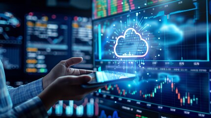 Digital technology network concept. Icon digital cloud over hand in neon lights. Digital rain of data comes from digital cloud. Internet Datum storage synchronization. upload or download information.