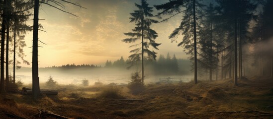 Poster - An enchanting natural landscape with fog enveloping the forest, trees reaching towards the sky, and a serene lake in the background, creating a mystical atmosphere