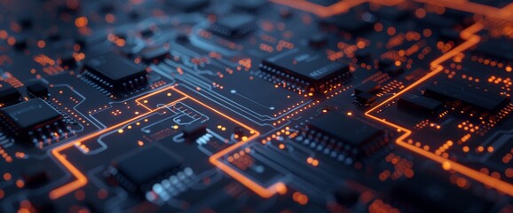 3d rendering of circuit board background with closeup view on chip and baseboard