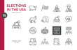Elections in the USA Icons Set. Collections of Vector Symbols and Simple Isolated Icons for United States Politics, President Election Rally, American Landmarks, National flags and Voting Ballot Box. 