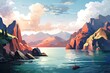Sunset in the Mountains peak. Illustration Landscape Background of a National Park. Watercolor Painting Digital Art Depicting a Sunny Day with Blue Sky, Beautiful View