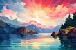 Sunset over the Lake and Mountains. Fjords National Park, Watercolor Painting, Colorful Art, Oil Painting Illustration Depicting a Sunny Day, Panoramic View