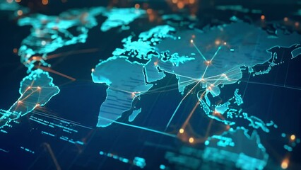 Wall Mural - a holographic map of the world with each country represented by fluctuating lines and numbers showca