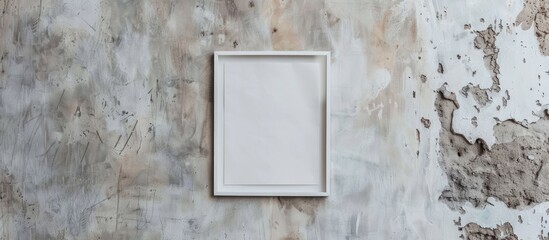 Sticker - A rectangular wooden picture frame with glass is mounted on a concrete wall, creating a minimalist still life photography composition