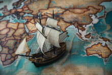 Old Sailing Ship Model On World Map , Exploration And Explorer Concept Image
