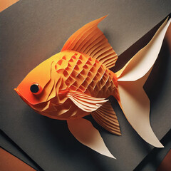 Folded and Cut paper sculpture of a goldfish - orange and white. Origami style animal sculpture