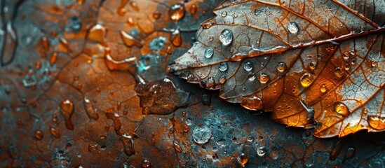 Poster - A macro shot capturing the beauty of a plant leaf covered in water droplets. The reflection of light on the water droplets creates a mesmerizing artistic display, resembling a painting