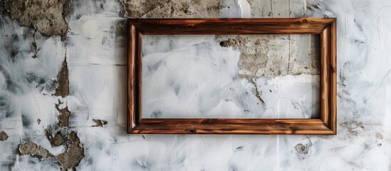 Poster - A wooden picture frame is mounted on a white wall inside a building, adding warmth and character to the rooms hardwood flooring and fixtures